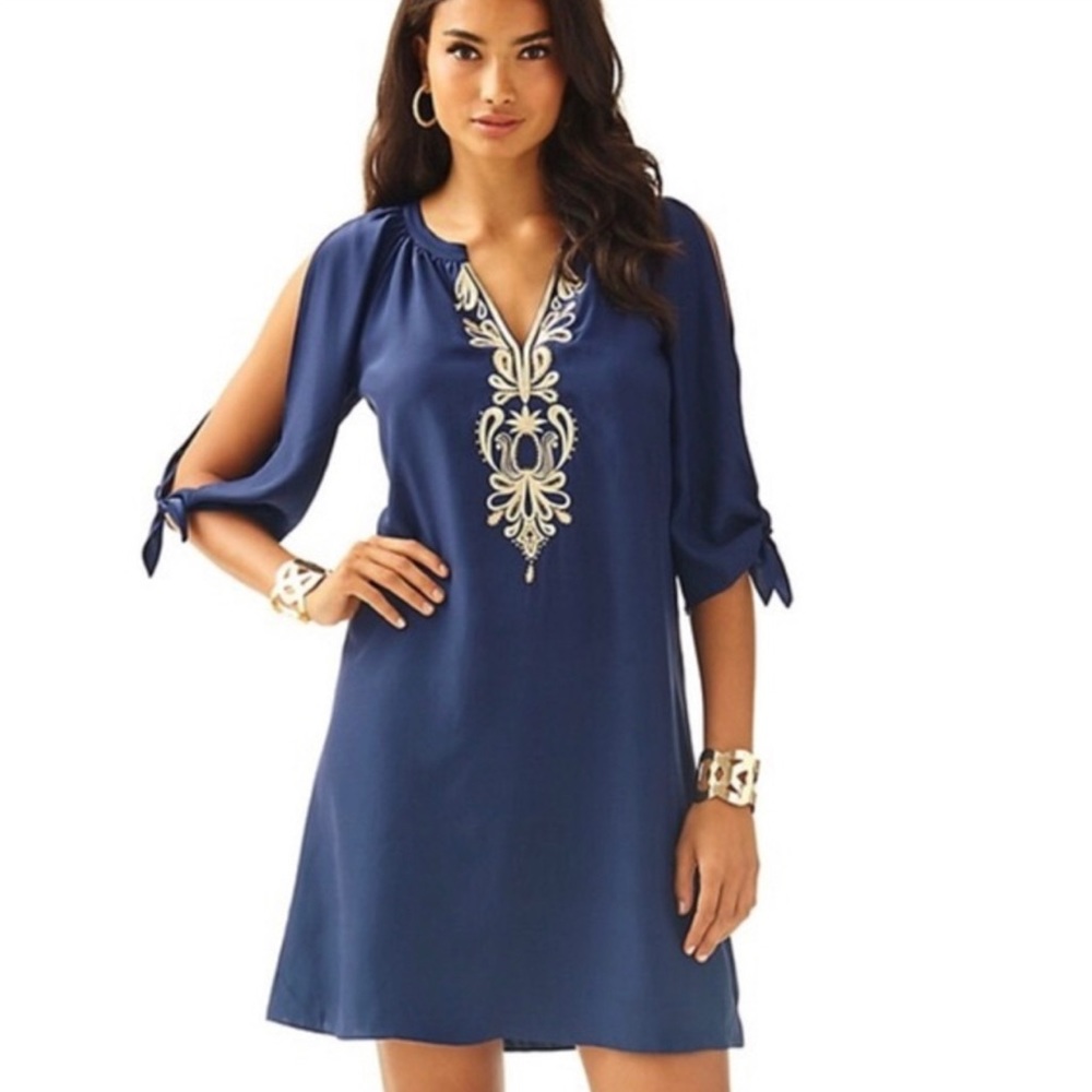 New Lilly Pulitzer Navy Blue Silk Gold Bryce Dress S Small 6 8 NWT $298